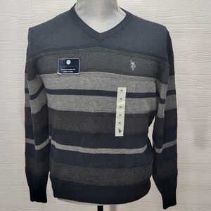 US Polo Assn. Sweater Sz M Grey Blue Long Sleeve V-Neck Pullover Logo Stretch